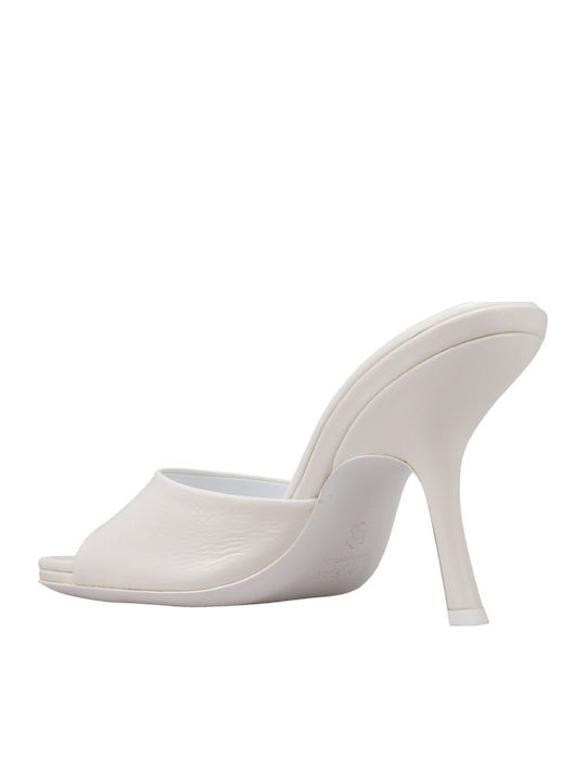 Leather Mules with High Heel in White Color