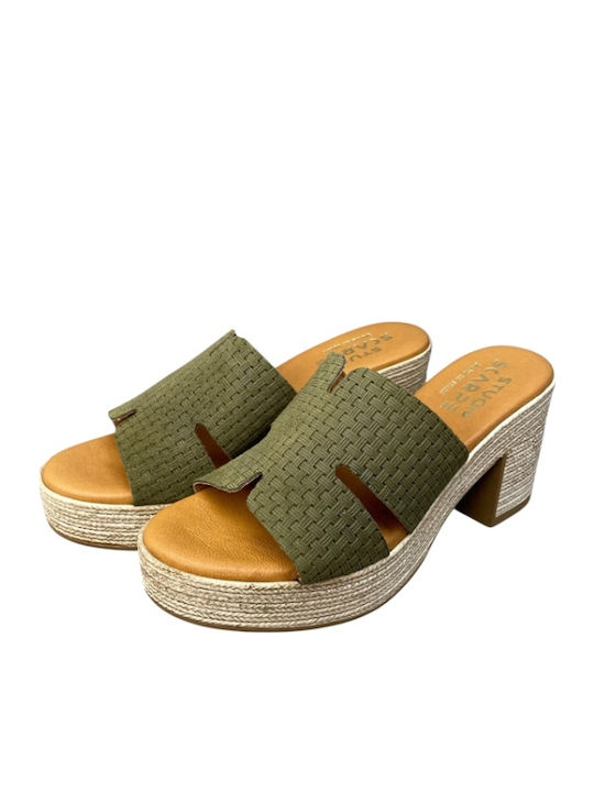 Leather Mules with Heel in Green Color