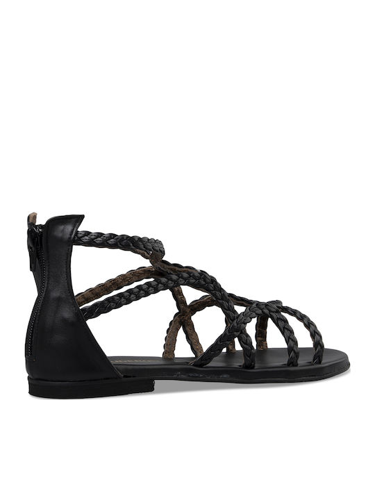 Leather Women's Flat Sandals in Black Color