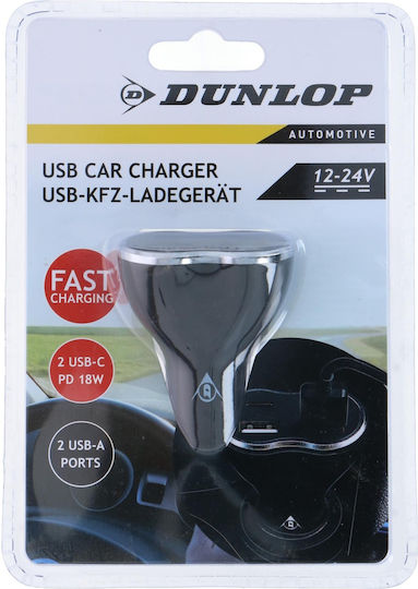 Dunlop Auto-Ladegerät 18W Schnellladung mit Anschlüssen: 2xUSB 2xType-C
