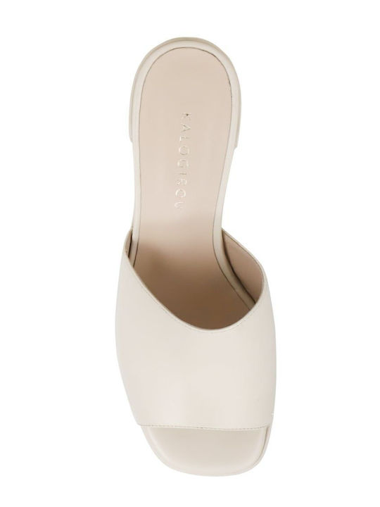 Leather Mules with Chunky High Heel in White Color