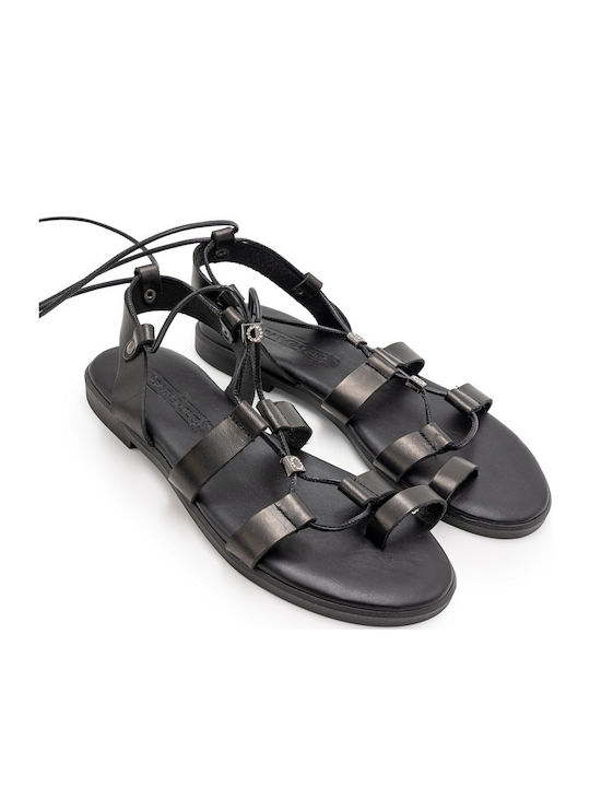 Leather Women's Flat Sandals in Black Color