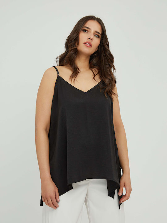 Bluza Damă Satin Fără Mâneci cu Decolteu în V Neagră