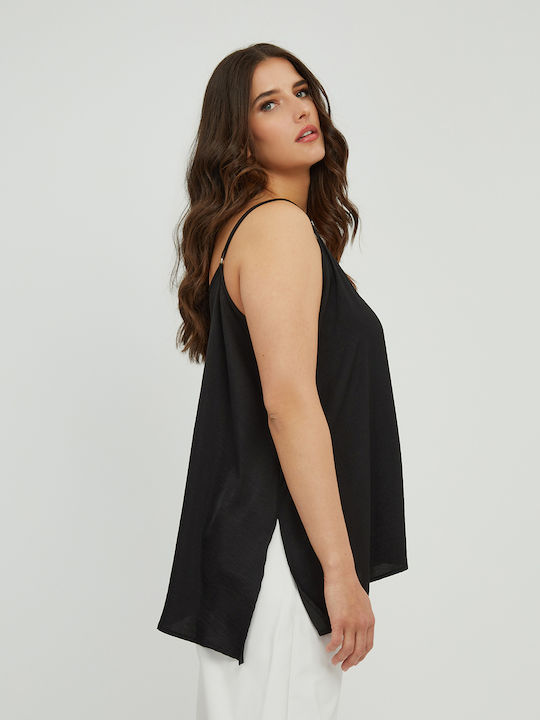 Bluza Damă Satin Fără Mâneci cu Decolteu în V Neagră