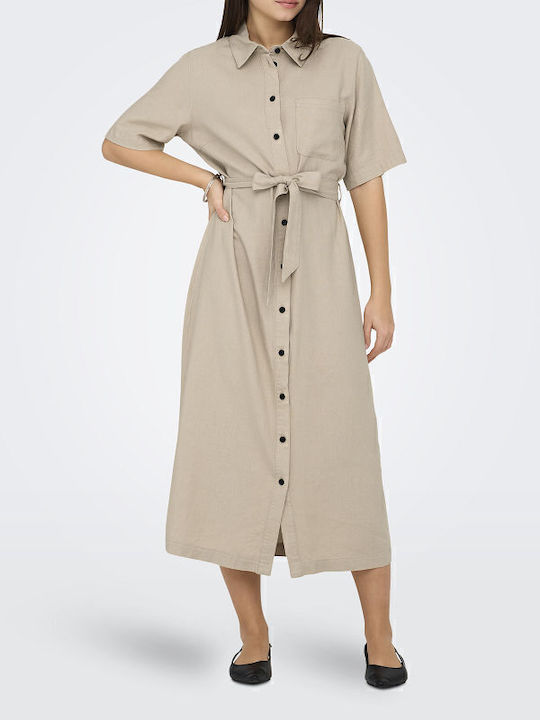 Sommer Midi Hemdkleid Kurzärmelig Beiges