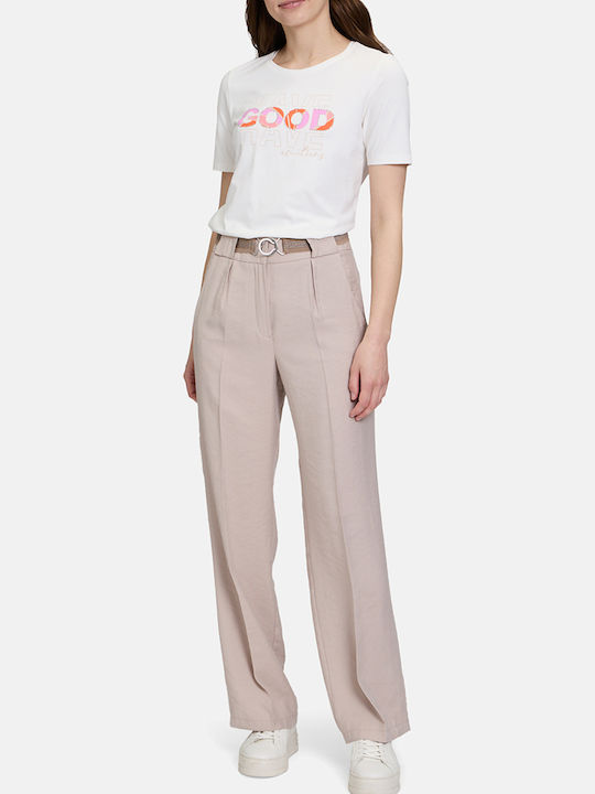 Women's High-waisted Fabric Trousers Loose Fit Biege