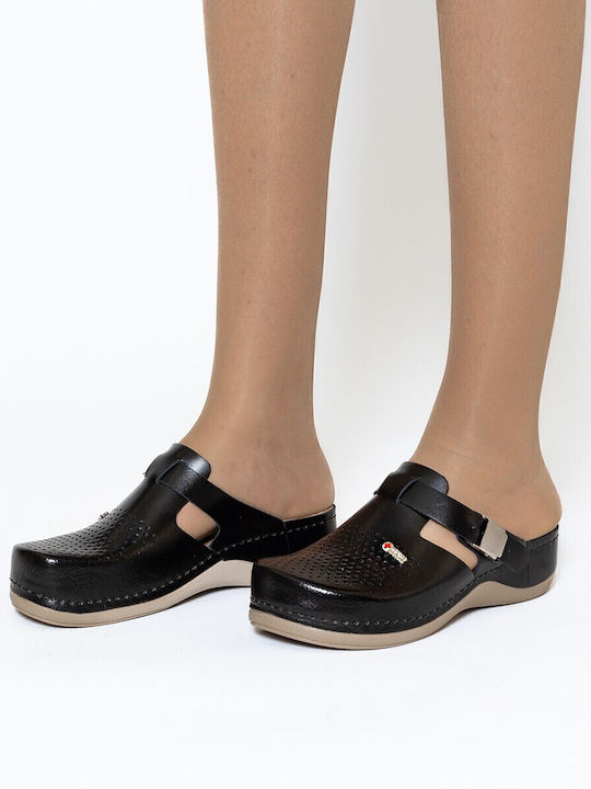 Leon Damen Leder Anatomisch Clogs Schwarz
