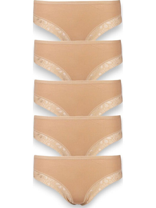 Βαμβακερά Ψηλόμεσα Γυναικεία Slip MultiPack με Δαντέλα Beige