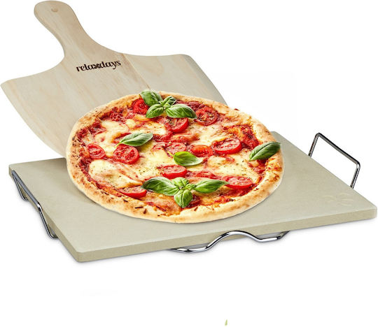 Set Piatră de Copt pentru Pizza Relaxdays Set Cu Lopată Din Lemn și Bază Metalică 38 X 30 X 1.5 Cm Bej 10020488