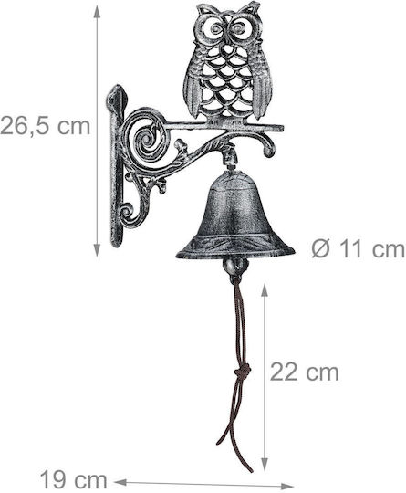 Clopoțel decorativ bufniță din fontă cu sfoară din material textil argintiu maro 26,5 x 19 x 11 cm