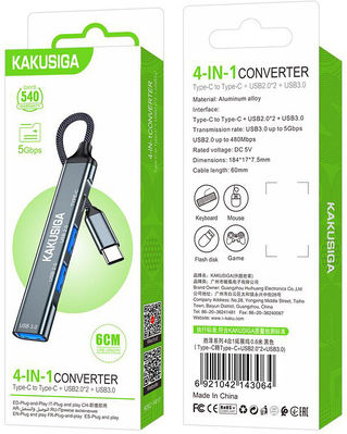 Kakusiga Hub 4 Ports USB 3.0 with USB-C Connection Gray