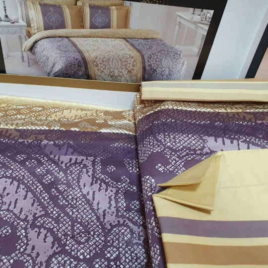 Tac Set Huse Pentru Pilote 200x220cm Dublă Cu 4 Fețe De Pernă & 1 Cearșaf Violet/Bej