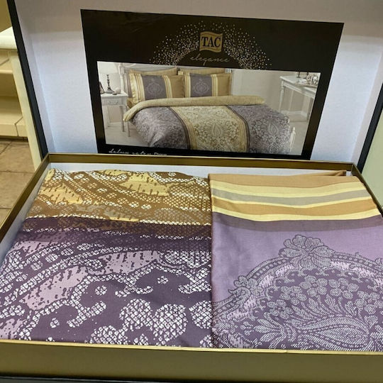 Tac Set Huse Pentru Pilote 200x220cm Dublă Cu 4 Fețe De Pernă & 1 Cearșaf Violet/Bej