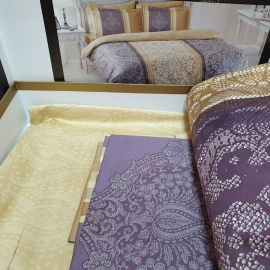 Tac Set Huse Pentru Pilote 200x220cm Dublă Cu 4 Fețe De Pernă & 1 Cearșaf Violet/Bej