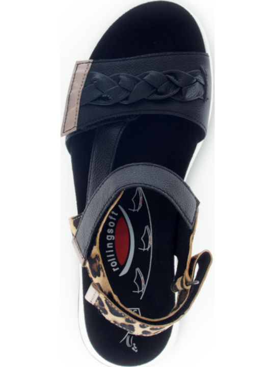 Leather Women's Flat Sandals Anatomic Sporty in Black Color