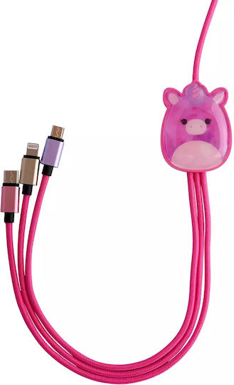 Jazwares Braided USB to Type-C / micro USB / Lightning Cable 2A Ροζ 1.2m B04413