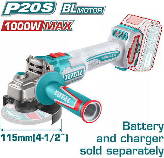Total TAGLI27153 Grinder 115mm Battery Brushless with Speed Control 20V Solo