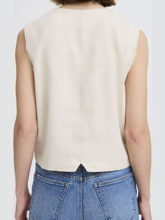 Γυναικείο Καλοκαιρινό Crop Top Λινό Αμάνικο Μπεζ Ανοιχτό