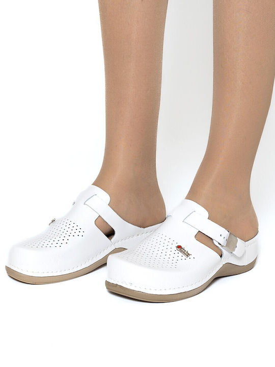 Leon Med 700 Herren Leder Anatomisch Clogs Weiß