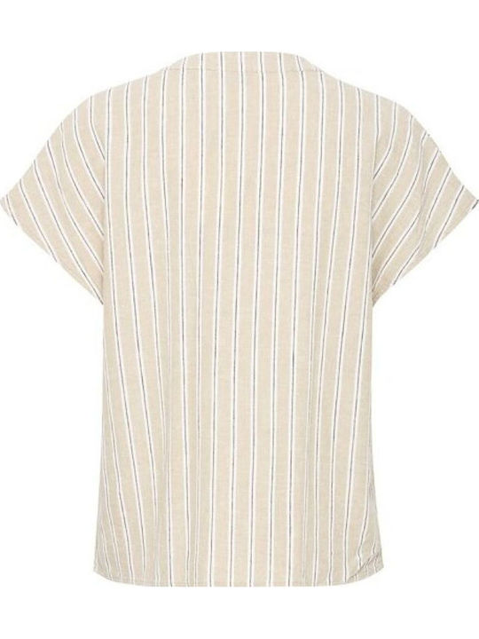 Women's Blouse with V Neckline Beige Striped