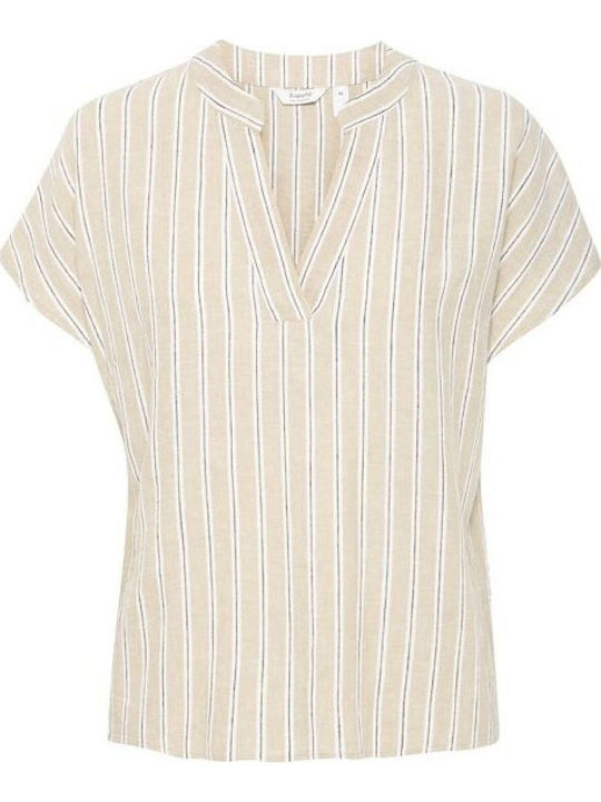 Women's Blouse with V Neckline Beige Striped