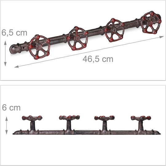 Vintage Wall Coat Rack with 4 Hooks Dimensions 6.5 x 46.5 x 6 Cm Relaxdays