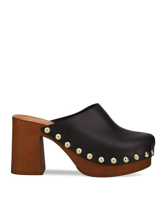 Leather Mules with Chunky Heel in Black Color