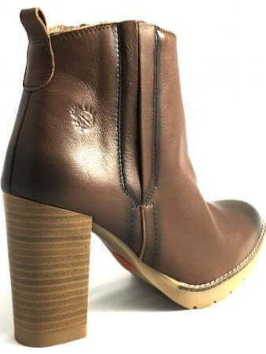 Leather Women's Chelsea Boots with High Heel Brown