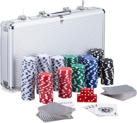 Set Poker Complex 300 Jetoane de la Relaxdays Include 2 Pachete Cărți 5 Zaruri Echipat cu Geantă de Aluminiu Măsurând 26.5 X 38 X 7 Cm