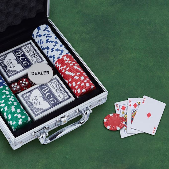 Set Poker Relaxdays 100 Jetoane Covoraș 2 Pachete Cărți Buton Dealer Small Blind Big Blind Geantă