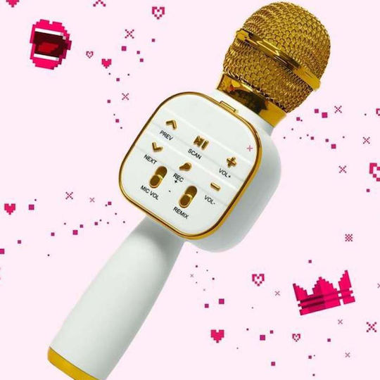 Microfon Karaoke Wireless Siks Portabil Difuzor Încorporat Card Micro SD USB Radio FM Înregistrare Multifuncțional Alb Auriu