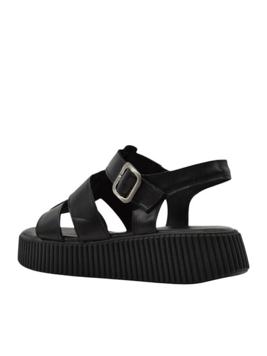 Leder Flache Sandalen für Damen in Schwarz Farbe