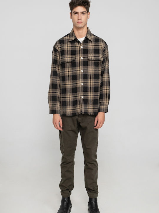 Long Sleeve Cotton Overshirt in Regular Fit Checked Beige