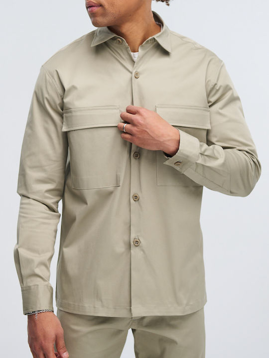 Μακρυμάνικo Τζιν Overshirt σε Κανονική Γραμμή Λαδί