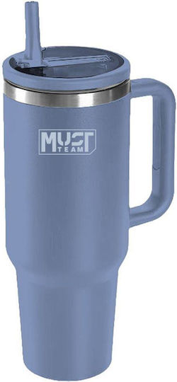 Must Team Glass Thermos Stainless Steel 1.2lt Straw blue with Straw