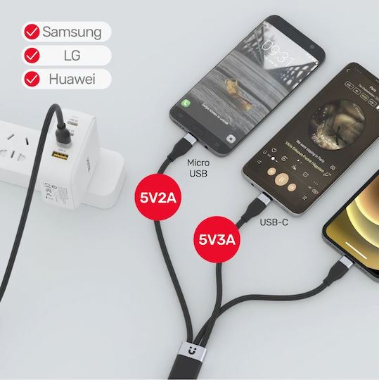 Unitek Braided Cablu USB la Lightning / Type-C / micro USB cu mai multe porturi 5A Negru 1.5m (C14101BK)