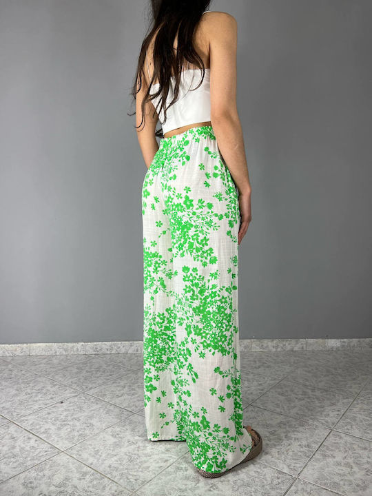 Women's Fabric Trousers with Elastic Floral Green