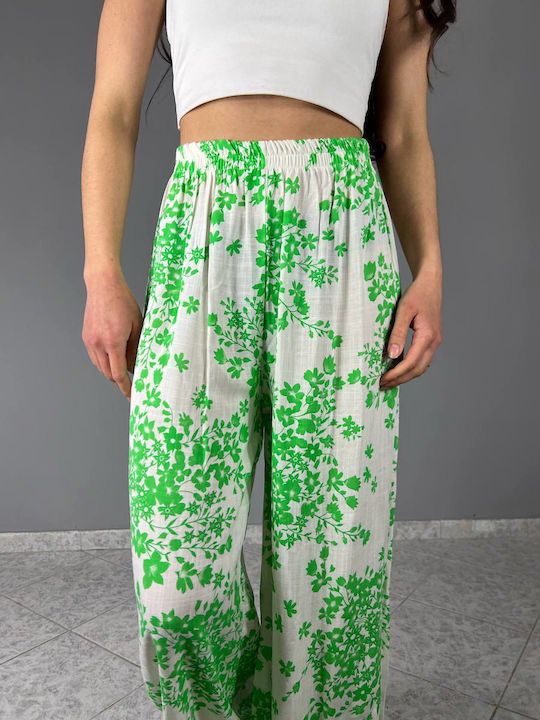 Women's Fabric Trousers with Elastic Floral Green