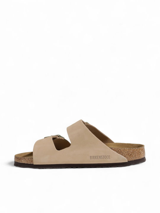Arizona Soft Footbed Leather Women's Flat Sandals in Beige Color Narrow Fit
