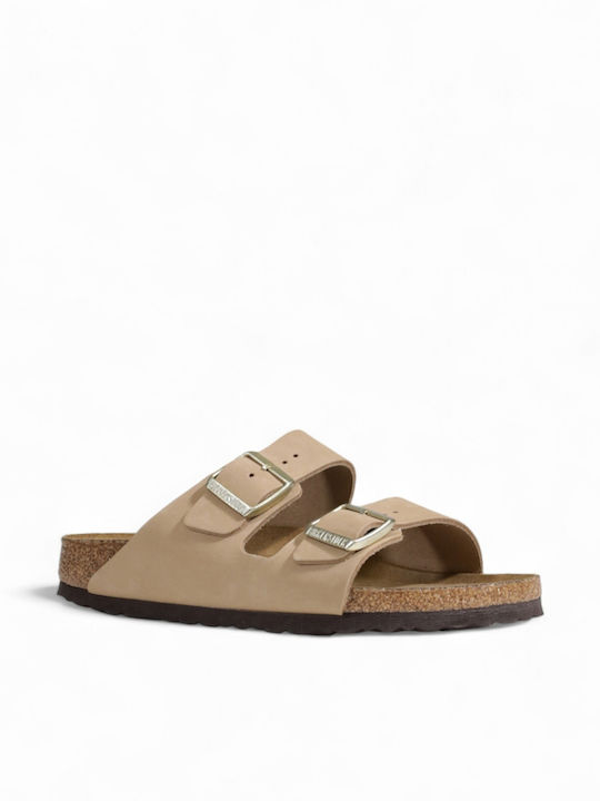 Arizona Soft Footbed Leather Women's Flat Sandals in Beige Color Narrow Fit