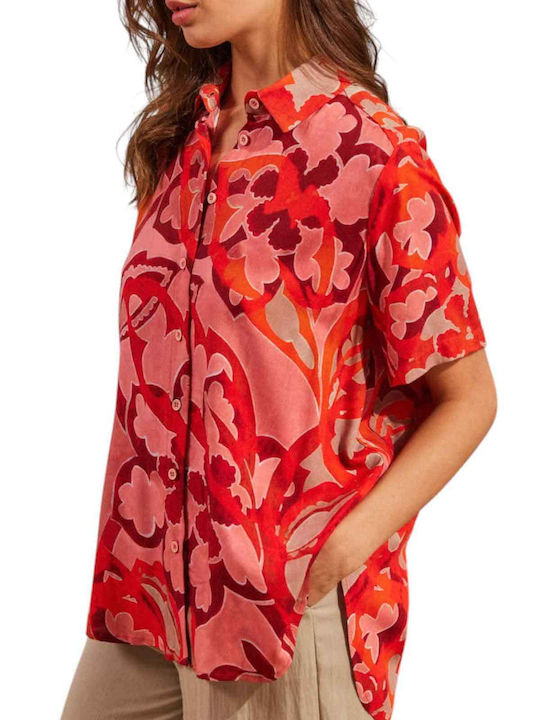 Women's Floral Short Sleeve Shirt Red