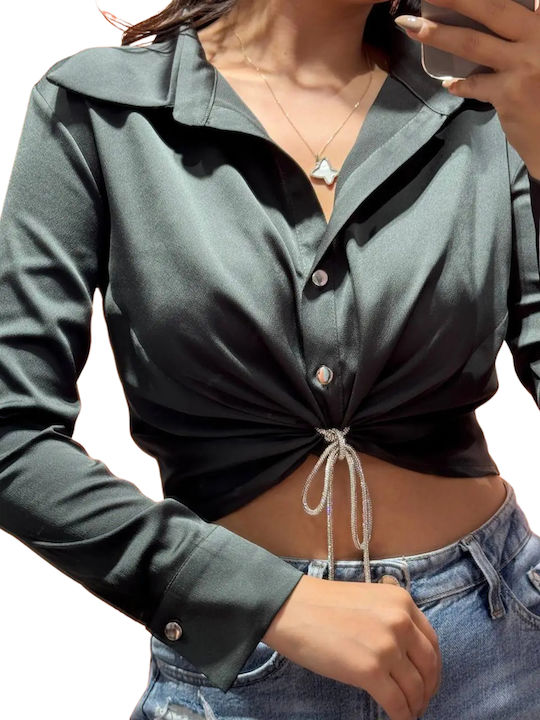 Women's Satin Long Sleeve Shirt Dark Green to Black