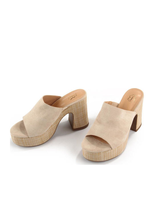 Suede Mules with Chunky High Heel in Beige Color