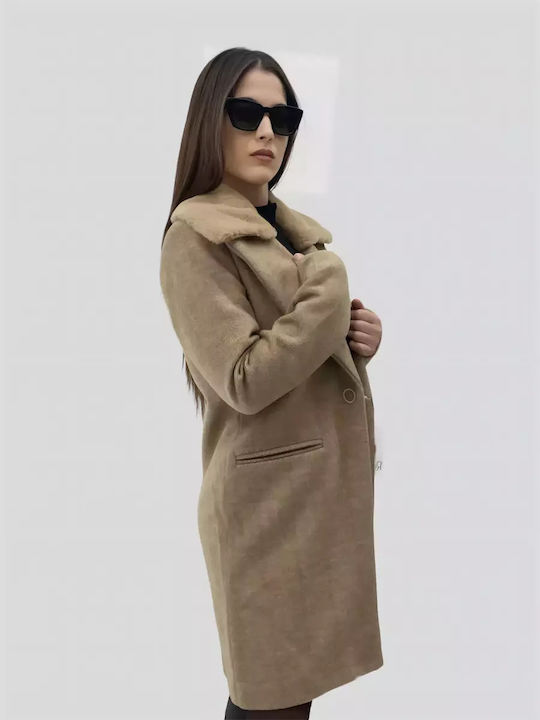 Damen Brown Shade Mantel mit Fellbesatz