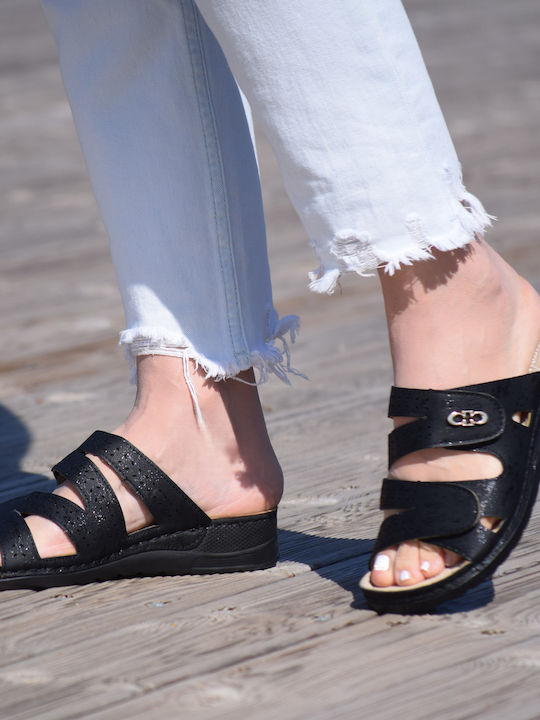 Leather Women's Flat Sandals Anatomic in Black Color