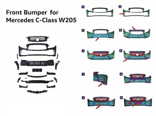 Front Bumper Mercedes-Benz C-Class C205/W205 14-21 GTR Look Black Mamba Black Chrome Grille