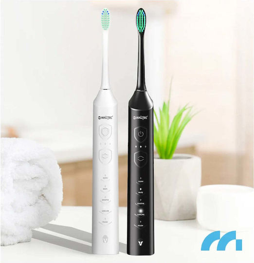 Set 2 Periuțe de dinți electrice Maltec Toothie X2in1 6 capete incluse 5 programe diferite 45.000 vibrații pe minut Alb Negru