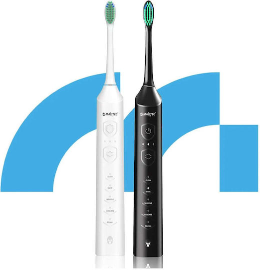 Set 2 Periuțe de dinți electrice Maltec Toothie X2in1 6 capete incluse 5 programe diferite 45.000 vibrații pe minut Alb Negru