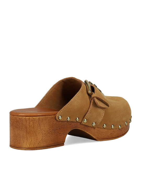 Leather Mules with Heel in Beige Color