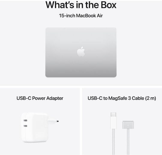 Apple MacBook Air 15.3" IPS Panel Retina Display (M4-10-ядрен/16GB/512GB SSD/10-Core GPU) с Apple зарядно устройство 35W Двоен Порт Сребрист Английски (САЩ) клавиатура